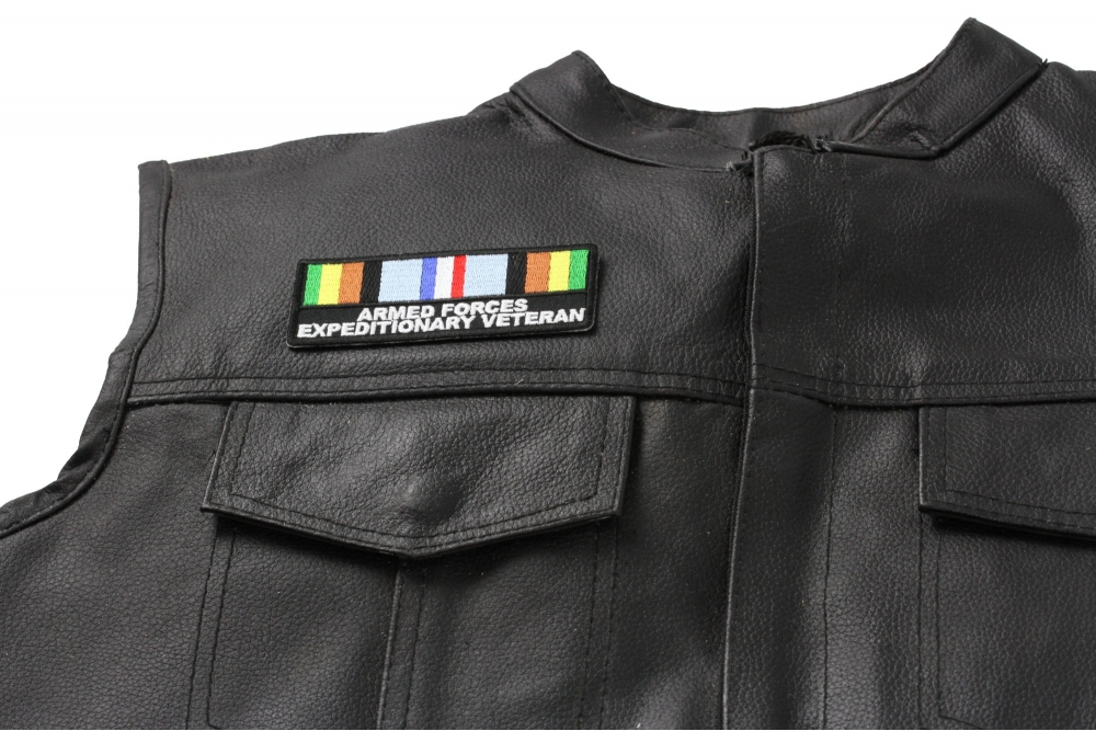 Armed Forces Expeditionary Patch - 4x1.5 inch shown on leather vest