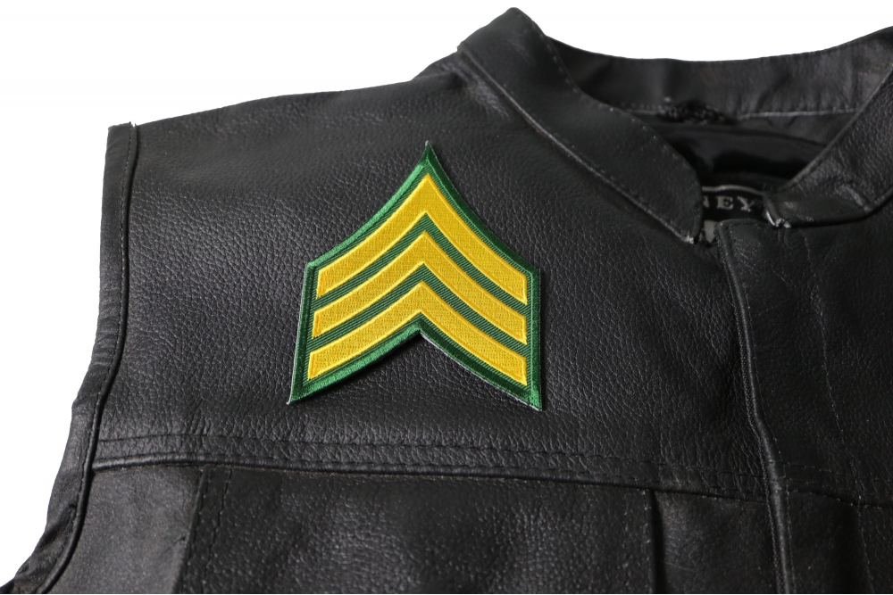 Green and Yellow Sergeant Chevron Patch - 3x3.75 inch. Embroidered Iron on Patch shown on leather vest