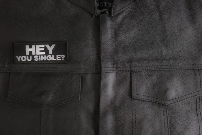 Hey You Single Patch shown on leather vest