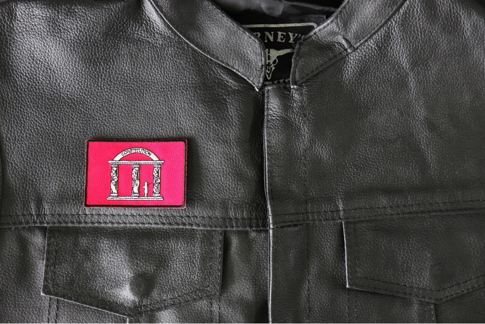 Historical Georgia Flag Iron on Patch - 3x2 inch - Embroidered Iron on Patch shown on leather vest