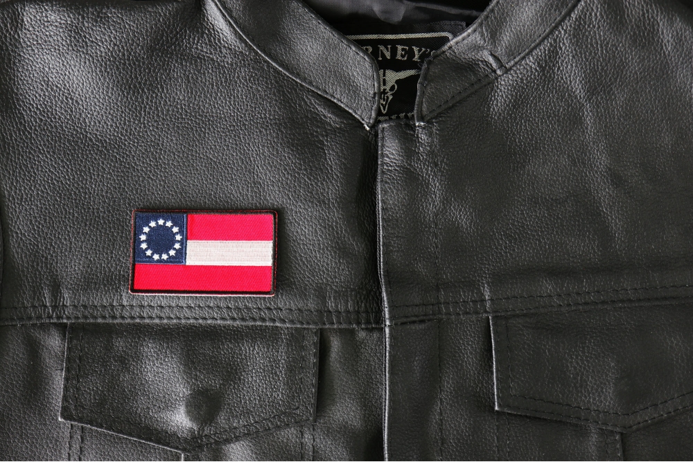 Historical Stars and Bars Flag Iron on Patch - 3x1.74 inch - Embroidered Iron on Patch shown on leather vest