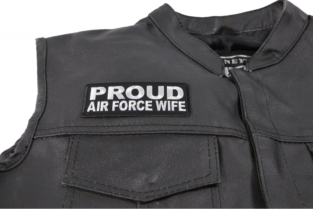 Proud Air Force Wife Patch - 4x1.5 inch shown on leather vest