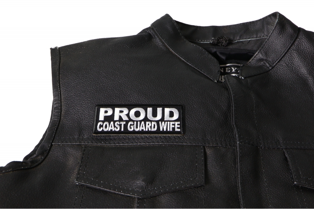 Proud Coast Guard Wife Patch - by Ivamis Trading - 4x1.5 inch - Embroidered Iron on Patch shown on leather vest