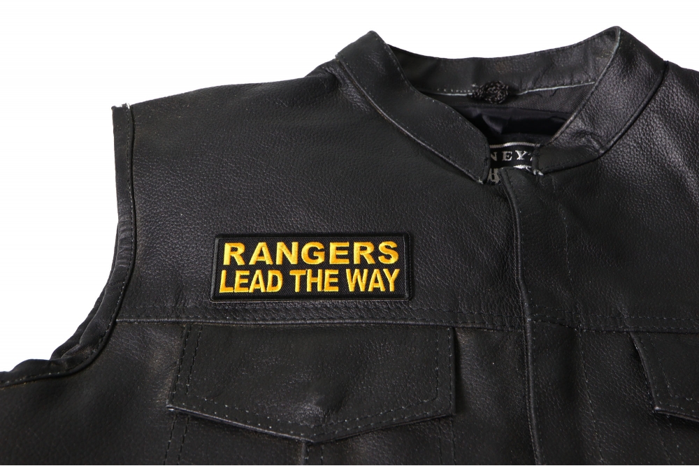 Rangers Lead The Way Patch, Military Saying Patches shown on leather vest