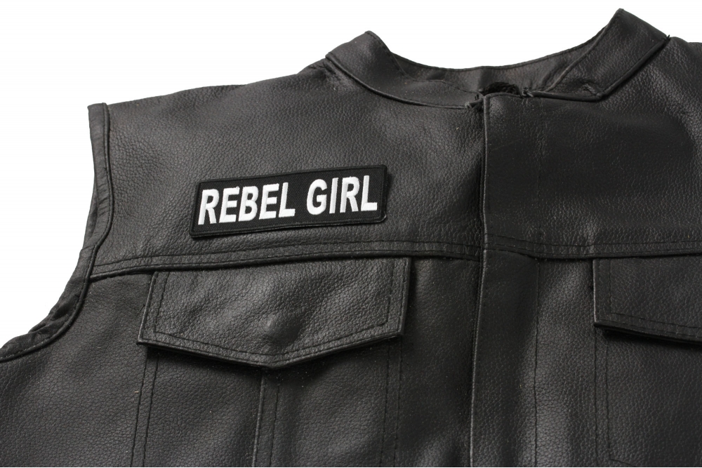 Rebel Girl Patch, Funny Patches for Ladies shown on leather vest