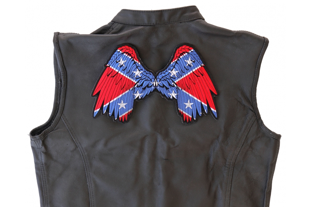 Rebel Flag Angel Wings Patch, Large Ladies Back Patches for Jackets shown on leather vest