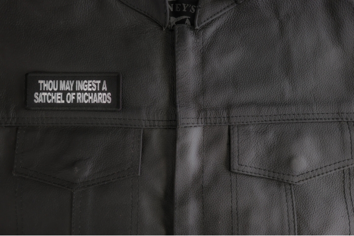 Thou May Ingest A Satchel Of Richards Patch shown on leather vest