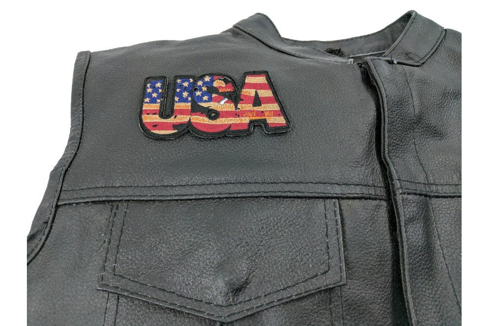 USA Vintage Patch Flag Patch - 4x2 inch. Embroidered Iron on Patch shown on leather vest