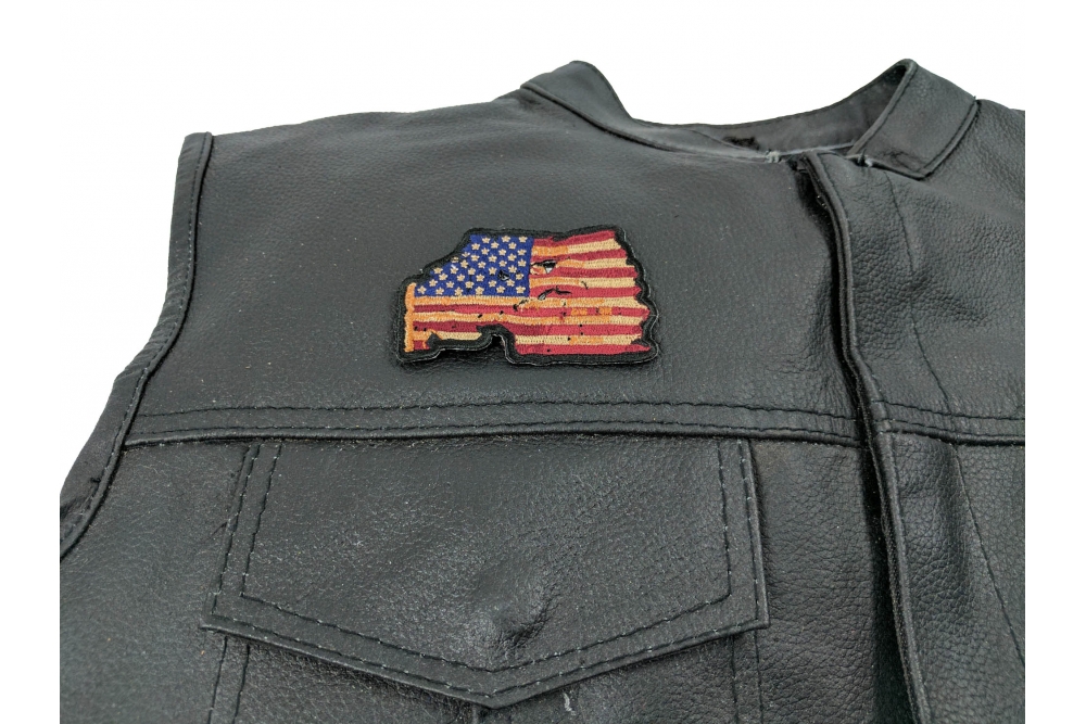 Vintage American Flag Patch - 3x2 inch. Embroidered Iron on Patch shown on leather vest