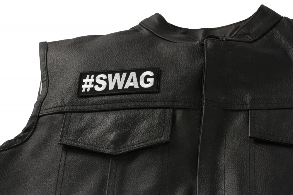 Hashtag Swag Patch Iron on Patch 4x1.5 inch shown on leather vest