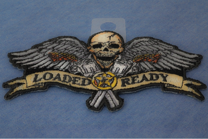 Loaded and Ready Skull Wings Pistols Patch diagonal view