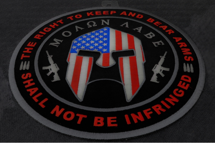 Molon Labe US Flag Spartan Helmet, The Right to Keep and Bear Arms Shall Not Be Infringed Patch diagonal view
