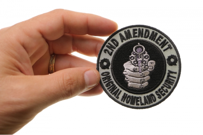 2nd Amendment Original Homeland Security Gun Patch shown on hand for size comparison