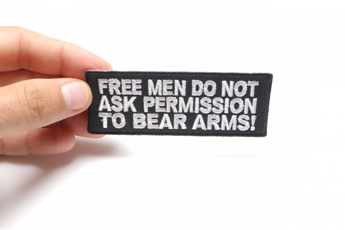 Free Men Don't Ask Permission To Bear Arms Patch, Patriotic Saying Patches shown on hand for size comparison