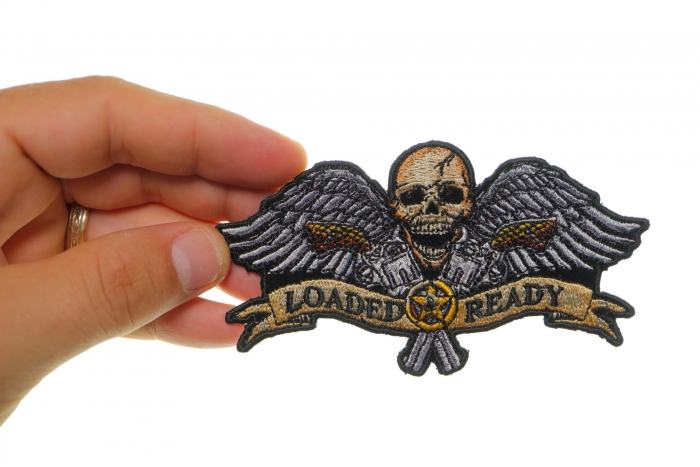 Loaded and Ready Skull Wings Pistols Patch, Skull Patches shown on hand for size comparison