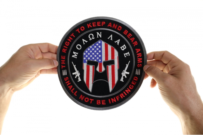 Molon Labe US Flag Spartan Helmet, The Right to Keep and Bear Arms Shall Not Be Infringed Patch, Large Patriotic Patches shown on hand for size comparison