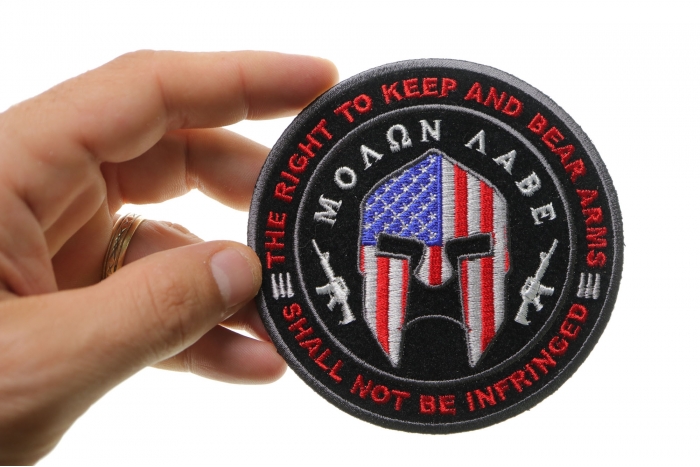 Molon Labe Spartan Helmet Patch, Small Embroidered Sew on Patches for Leather Vests shown on hand for size comparison