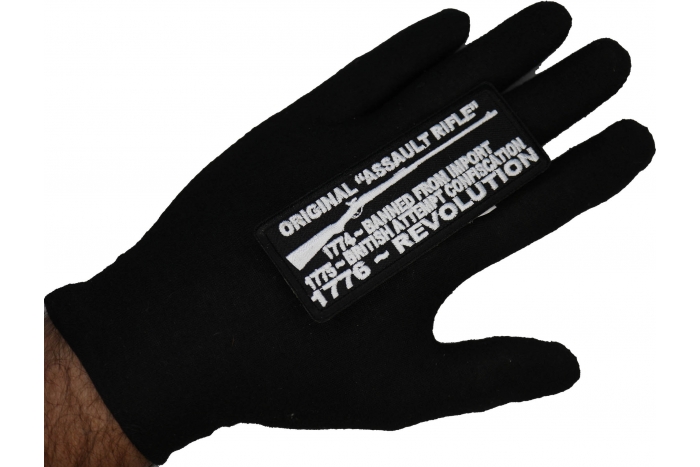 Original Assault Rifle, 1774 Banned from Import, 1775 British Attempt Confiscation, 1776 Revolution Patch, Patriotic Patches shown on hand for size comparison