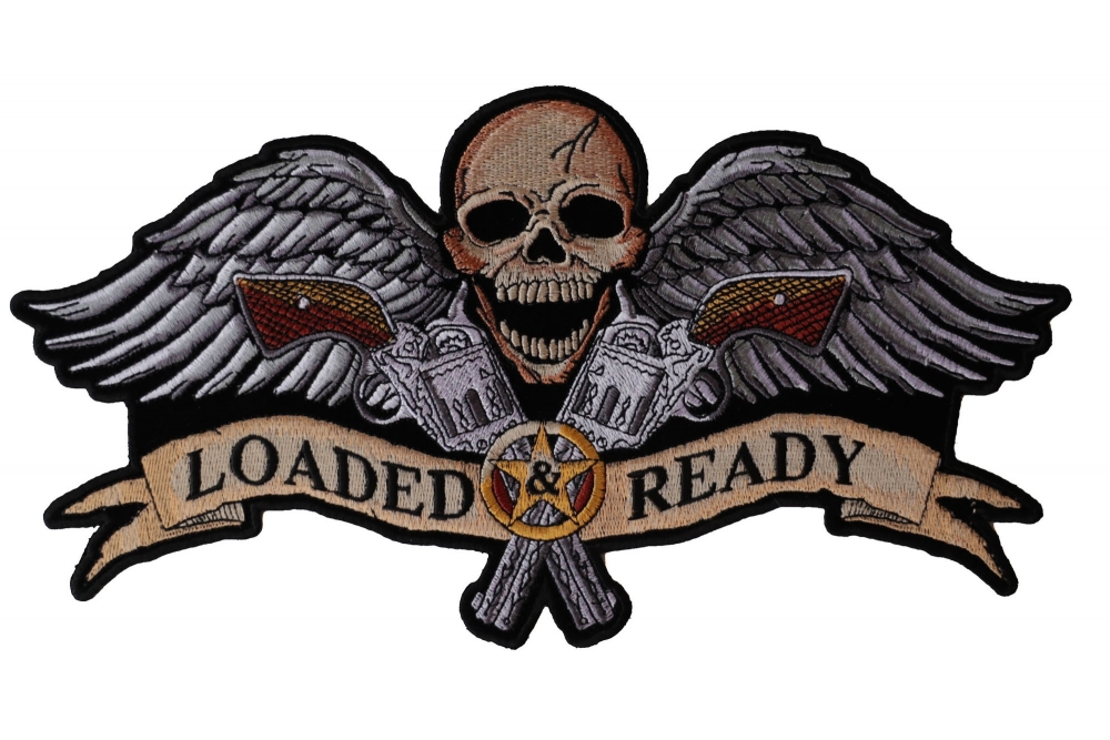 Loaded and Ready Skull Wings Guns Large Back Patch