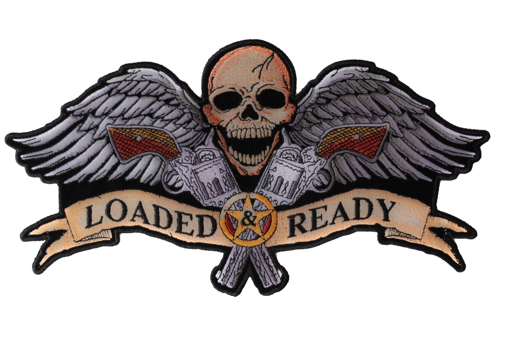 Loaded and Ready Skull Wings Guns Large Back Patch