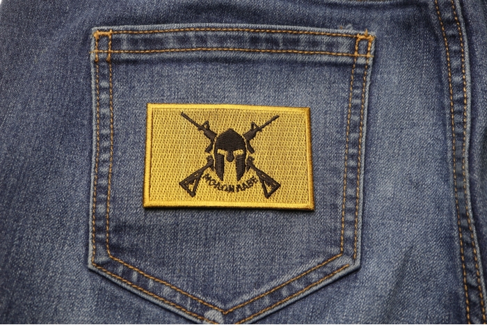 Come and Take It Molon Labe Crossed Rifles Patch shown on jeans