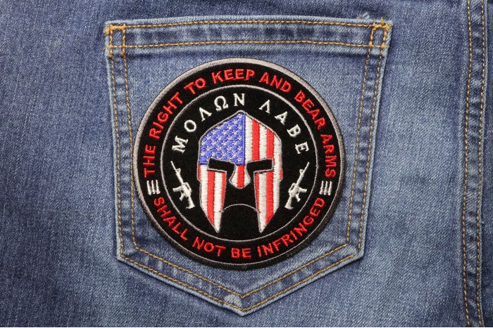 Molon Labe Spartan Helmet, The Right to Keep and Bear Arms Shall Not Be Infringed Patch shown on jeans