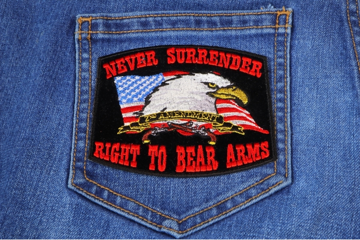 Never Surrender Right To Bear Arms 2nd Amendment Black Patch shown on jeans