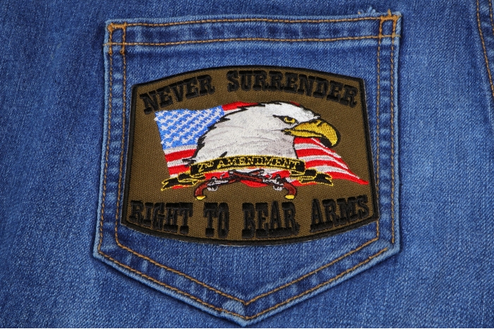 2nd Amendment Patch - Never Surrender shown on jeans