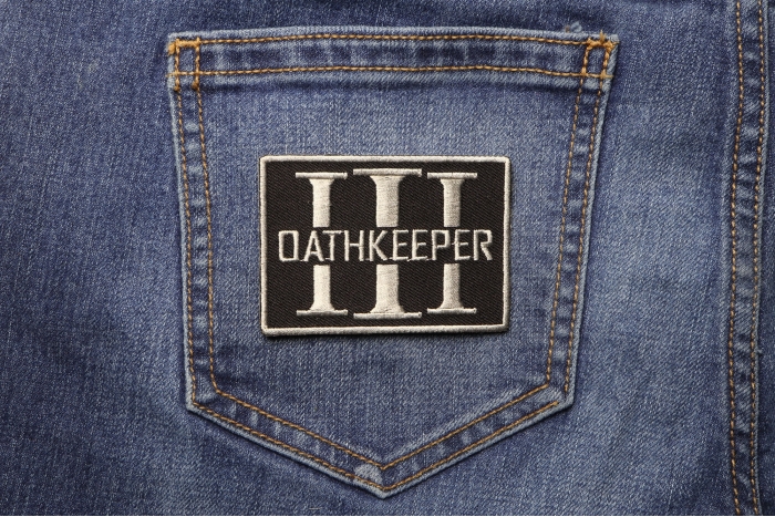Oathkeeper Three  Percenter Gray Patch shown on jeans