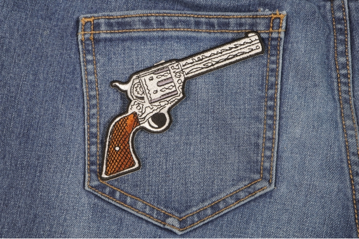 6 Shooter Pistol Gun Patch Right shown on jeans
