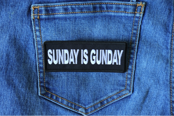 Sunday is Gunday Patch shown on jeans