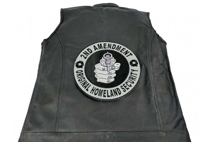 2nd Amendment Pointing Gun Large Patch shown on leather vest