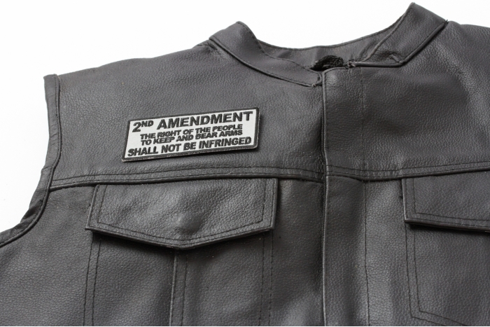 2nd Amendment, The Right of The People To Keep and Bear Arms, Shall Not Be Infringed Patch - 4x1.75 inch. Embroidered Iron on Patch shown on leather vest