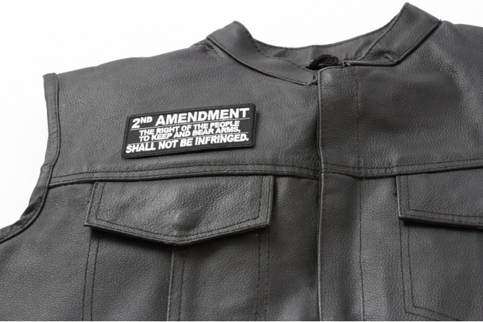2nd Amendment, The Right of The People To Keep and Bear Arms, Shall Not Be Infringed Patch - 4x1.5 inch. Embroidered Iron on Patch shown on leather vest