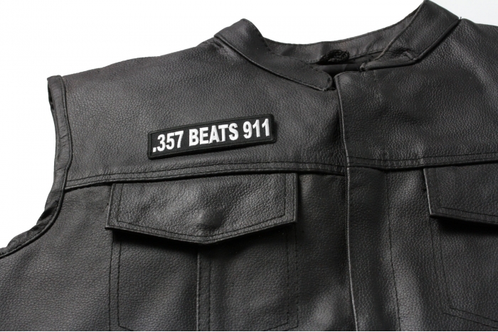 357 Beats 911 Patch, Biker Sayings shown on leather vest