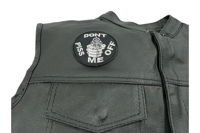 Do Not Piss Me Off With A Gun Patch - 3 inch. Embroidered Iron on Patch shown on leather vest