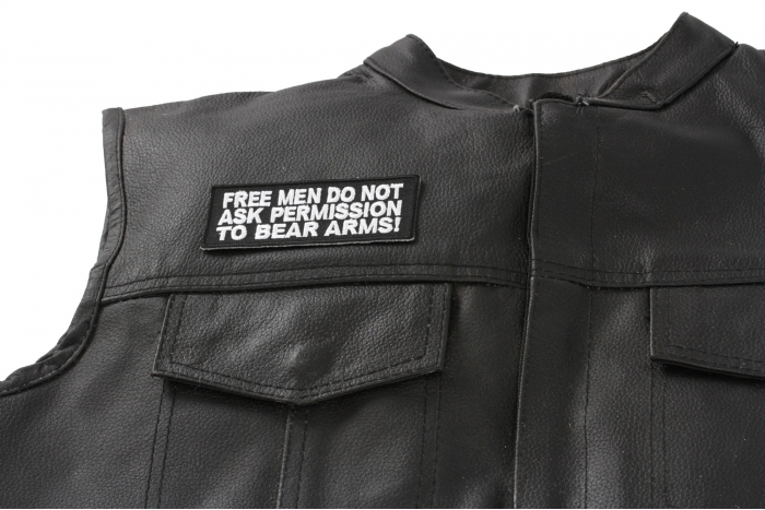 Free Men Don't Ask Permission To Bear Arms Patch, Patriotic Saying Patches shown on leather vest