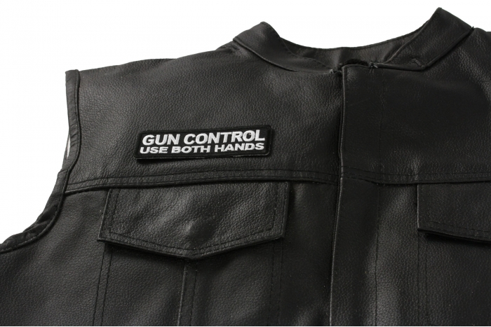 Gun Control Use Both Hands Patch - 4x1 inch. Embroidered Iron on Patch shown on leather vest