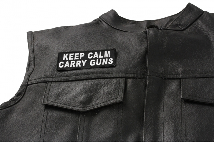 Keep Calm Carry Guns Patch - Iron on Patch - 4x1.5 inch shown on leather vest