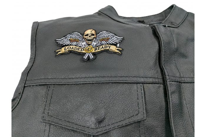 Loaded and Ready Skull Wings Pistols Patch, Skull Patches shown on leather vest