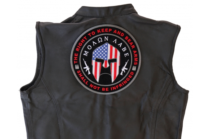 Molon Labe US Flag Spartan Helmet, The Right to Keep and Bear Arms Shall Not Be Infringed Patch, Large Patriotic Patches shown on leather vest