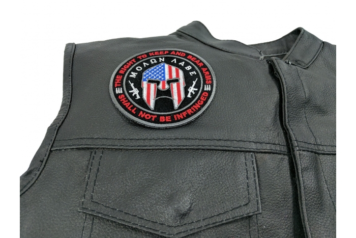 Molon Labe Spartan Helmet, The Right to Keep and Bear Arms Shall Not Be Infringed Patch - 4x4 inch. Embroidered Iron on Patch shown on leather vest