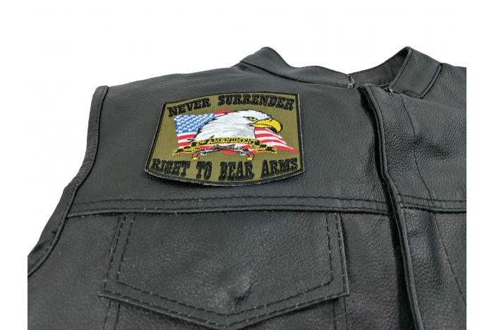 Never Surrender Right To Bear Arms 2nd Amendment Patch - 4x3.25 inch. Embroidered Iron on Patch shown on leather vest
