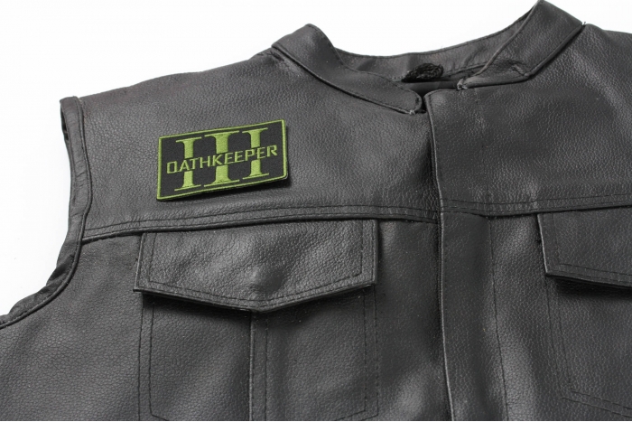 Oathkeeper Three  Percenter OD Green Patch - Iron on Patch - 3x2.1 inch shown on leather vest