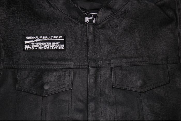Original Assault Rifle, 1774 Banned from Import, 1775 British Attempt Confiscation, 1776 Revolution Patch, Patriotic Patches, Iron on Quotes and Sayings for Hats shown on leather vest