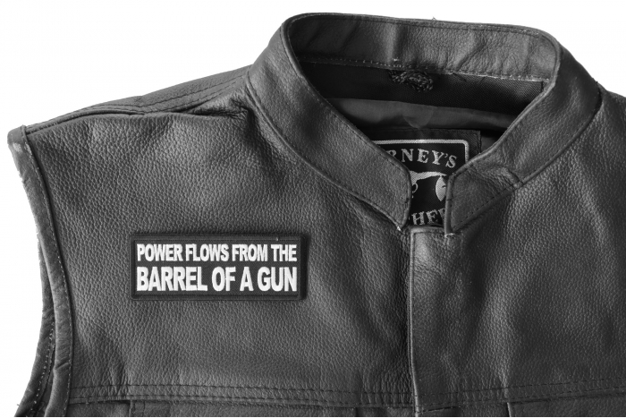 Power Flows From the Barrel of a Gun Patch, Funny Saying Patches shown on leather vest