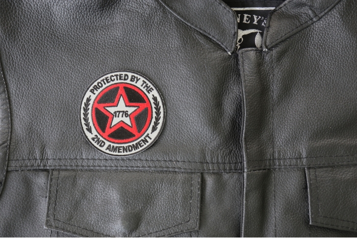 Protected by The 2nd Amendment 1776 Patch - 3x3 inch - Embroidered Iron on Patch shown on leather vest