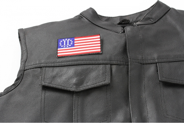 Second American Revolution Flag Patch - 3.5x2.2 inch. Embroidered Iron on Patch shown on leather vest