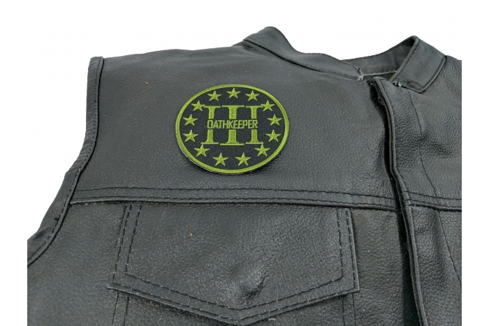 Three Percenter Oathkeeper Round Patch Green - 3x3 inch. Embroidered Iron on Patch shown on leather vest