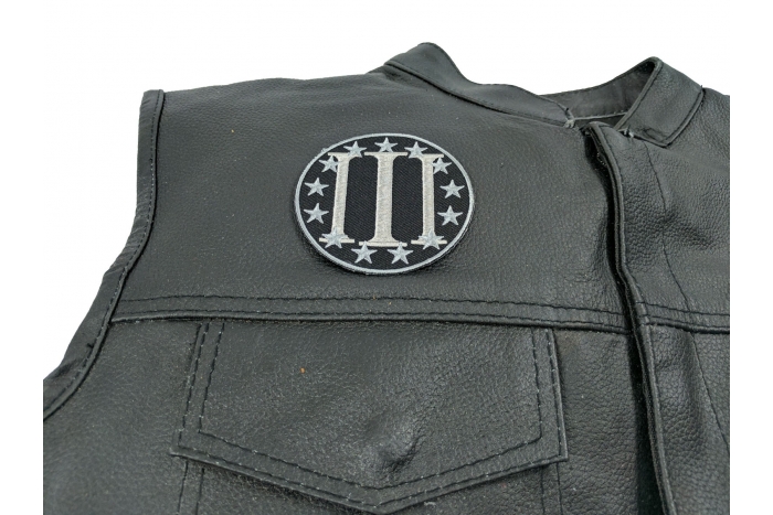 Three Percenter Patch - 3x3 inch. Embroidered Iron on Patch shown on leather vest